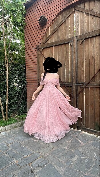 38 Beden Pudra pembe dantel korseli abiye elbise