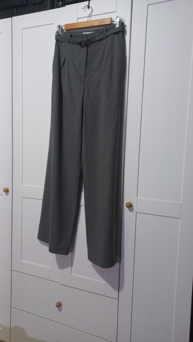 Gri Kadın Kumaş Pantolon Kemerli Midi Boy - Görsel 4