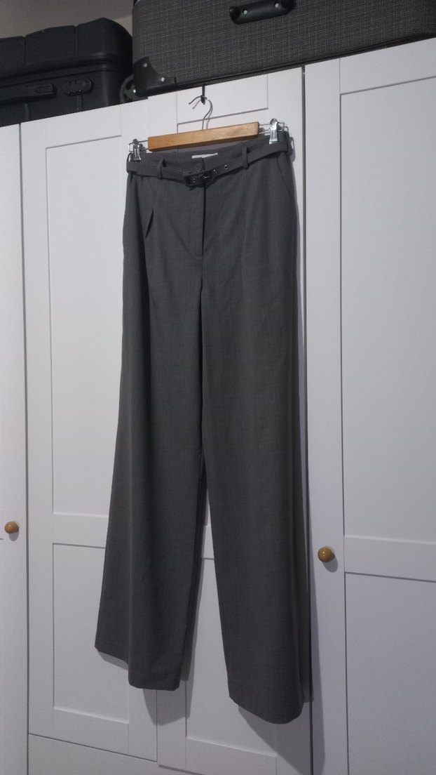 Gri Kadın Kumaş Pantolon Kemerli Midi Boy - Görsel 3