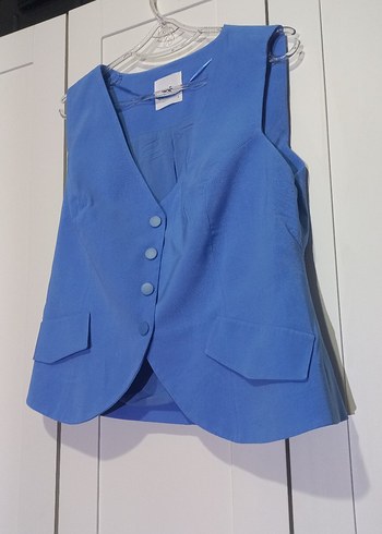 Düğmeli Mavi Kolsuz V Yaka Kadın Yelek - Görsel 4