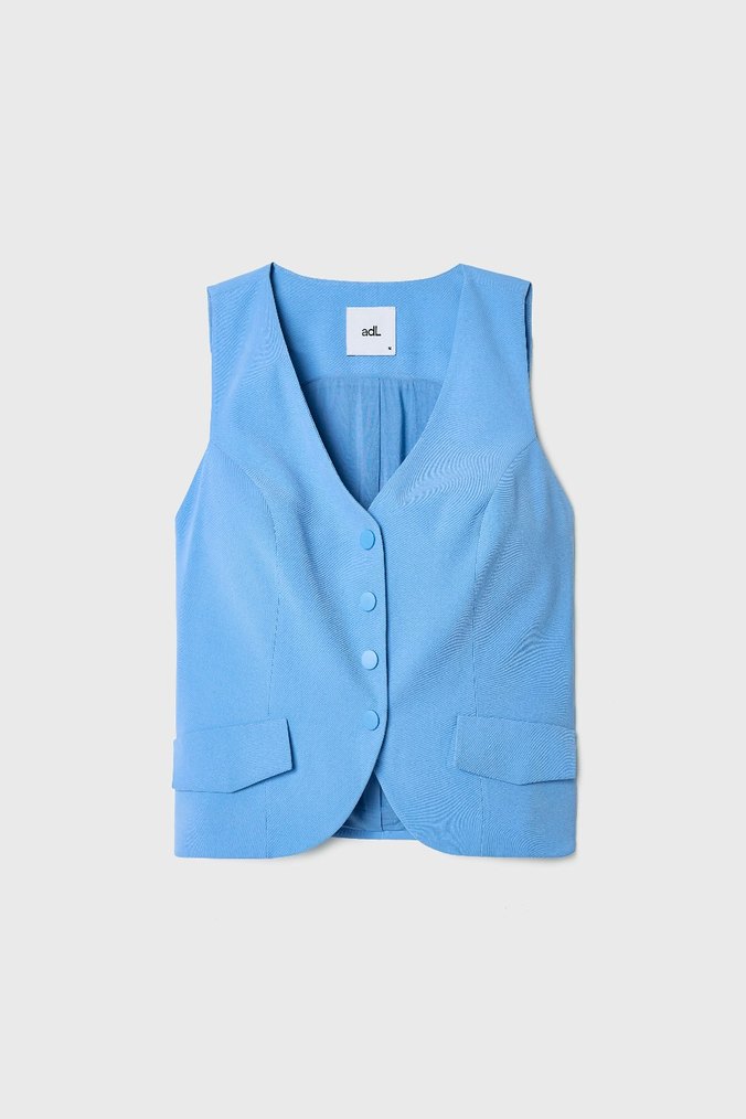 Düğmeli Mavi Kolsuz V Yaka Kadın Yelek - Görsel 3