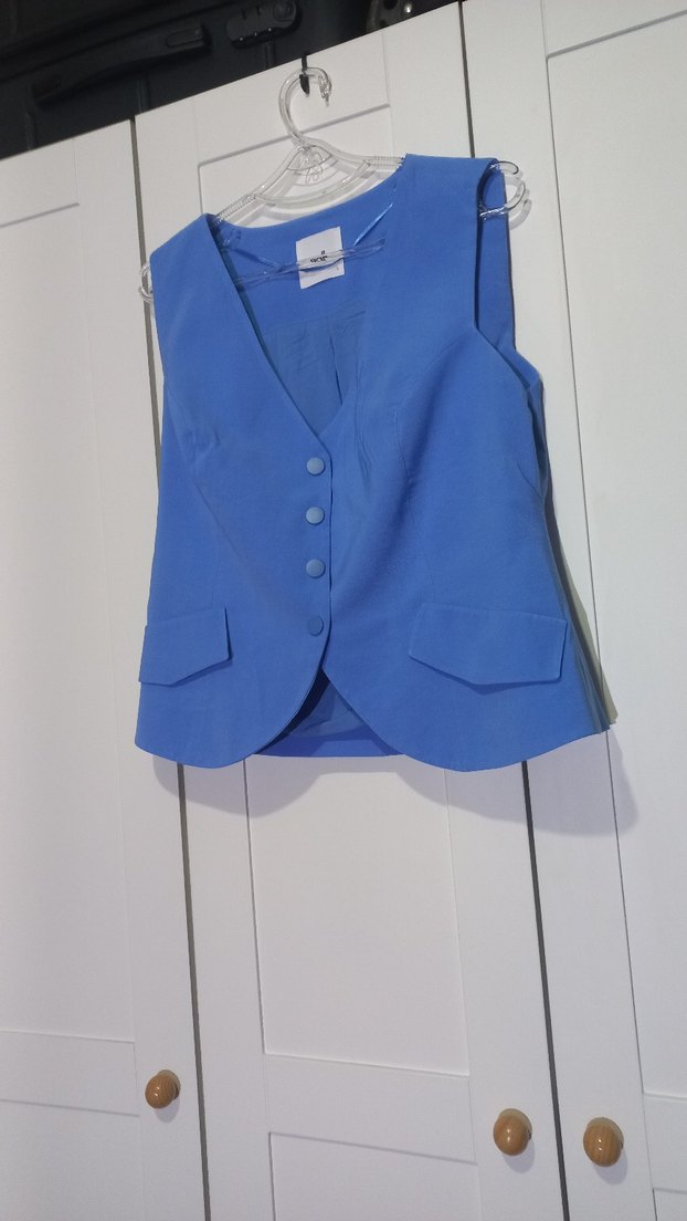 Düğmeli Mavi Kolsuz V Yaka Kadın Yelek - Görsel 5