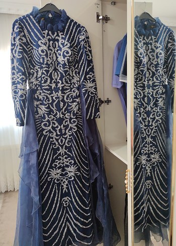 Nakışlı Drapeli Lacivert Uzun Abiye Elbise - Görsel 5