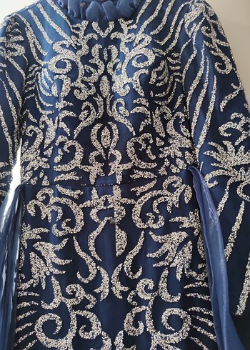 Nakışlı Drapeli Lacivert Uzun Abiye Elbise - Görsel 2
