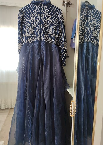 Nakışlı Drapeli Lacivert Uzun Abiye Elbise - Görsel 3