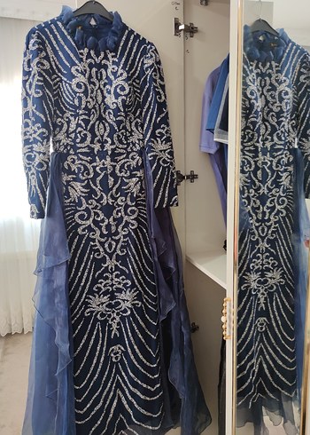 Nakışlı Drapeli Lacivert Uzun Abiye Elbise - Görsel 4