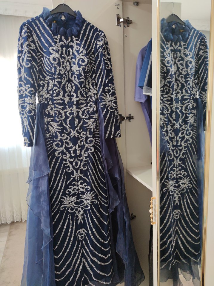 Nakışlı Drapeli Lacivert Uzun Abiye Elbise - Görsel 5