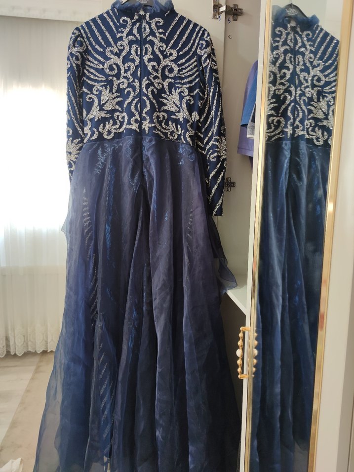 Nakışlı Drapeli Lacivert Uzun Abiye Elbise - Görsel 3