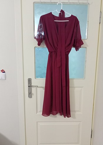 Bordo V Yaka Drapeli Uzun Kadın Elbise