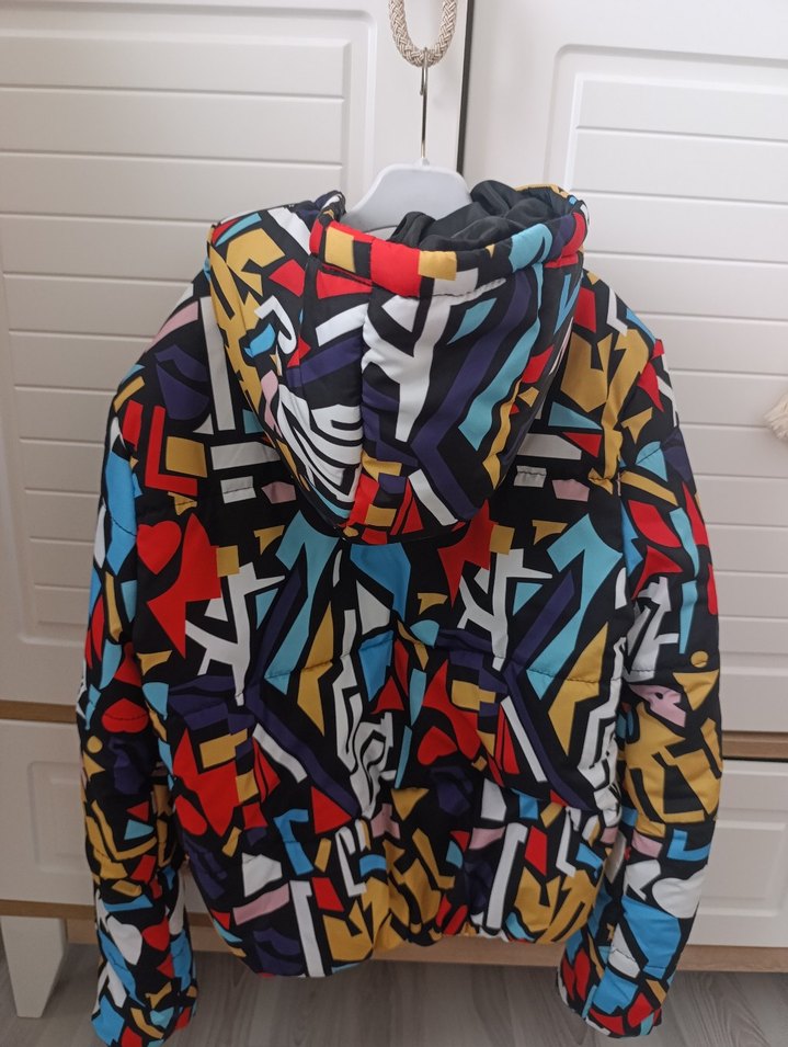 Renkli Desenli Kapüşonlu Kadın Kısa Mont - Görsel 2