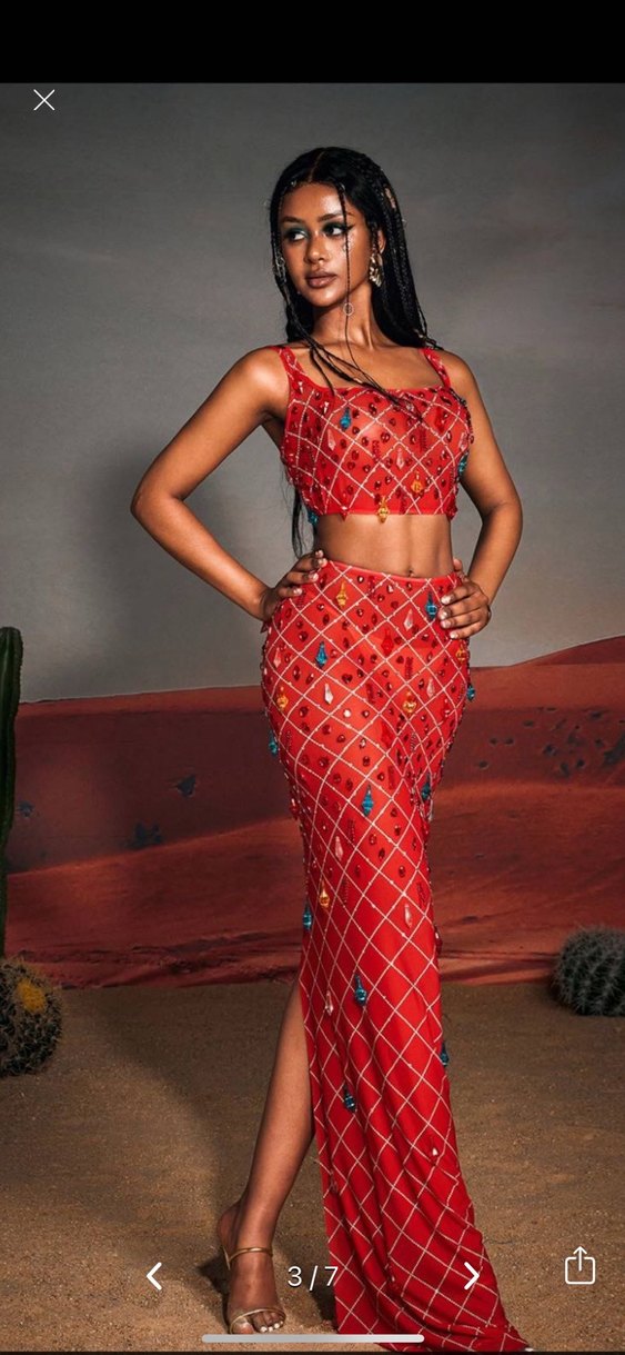 Kırmızı/Turuncu arası  Uzun İpek Elbise - Görsel 4