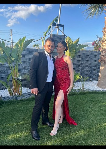 Kırmızı Halter Yaka Uzun Abiye Elbise - Görsel 5