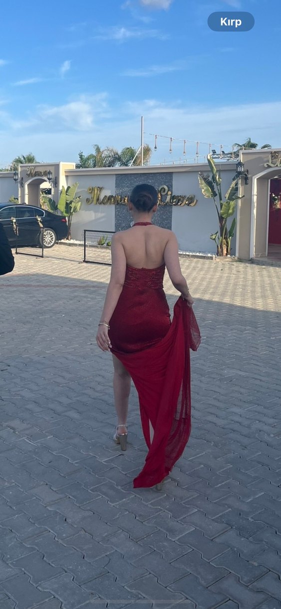 Kırmızı Halter Yaka Uzun Abiye Elbise - Görsel 4