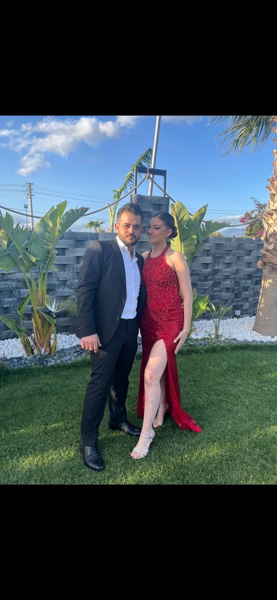 Kırmızı Halter Yaka Uzun Abiye Elbise - Görsel 5