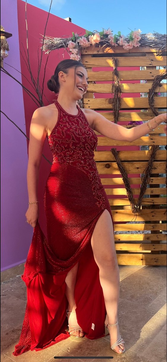 Kırmızı Halter Yaka Uzun Abiye Elbise - Görsel 2