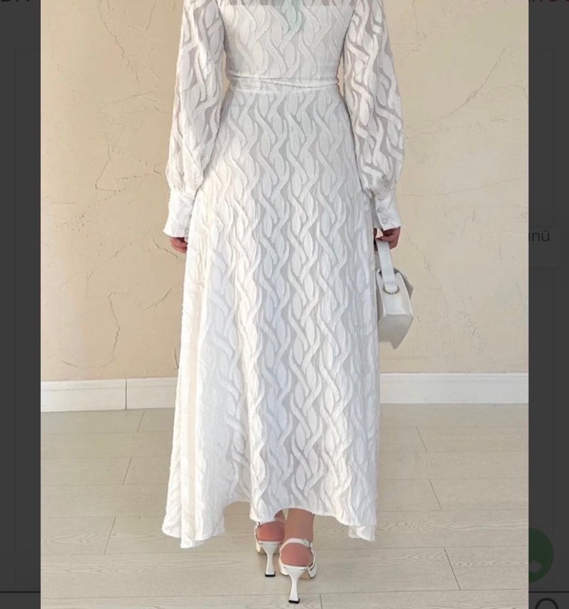 Nakışlı Beyaz Uzun Tesettür Nişan Elbisesi - Görsel 4