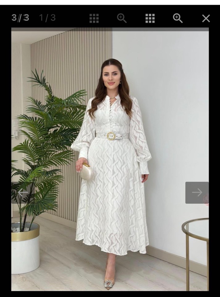 Nakışlı Beyaz Uzun Tesettür Nişan Elbisesi - Görsel 3