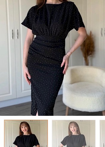 Boncuk İşlemeli Siyah Midi Elbise - Görsel 2