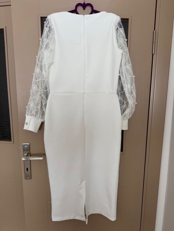 Dantel Detaylı Uzun Beyaz Kadın Elbise - Görsel 2