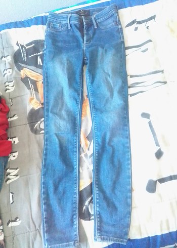 33 Beden Düğmeli Mavi Baskılı Kadın Denim Pantolon
