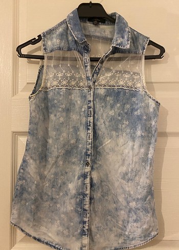 Düğmeli Kolsuz Denim Gömlek - Görsel 5