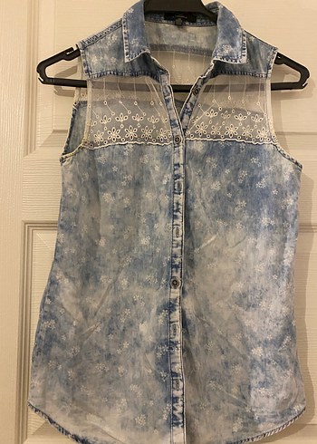 Düğmeli Kolsuz Denim Gömlek - Görsel 3