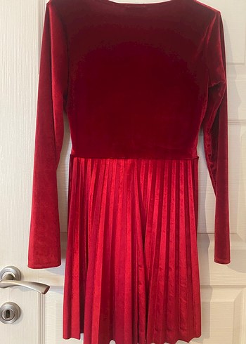 Kırmızı Piliseli Midi Kadın Elbise kadife - Görsel 7