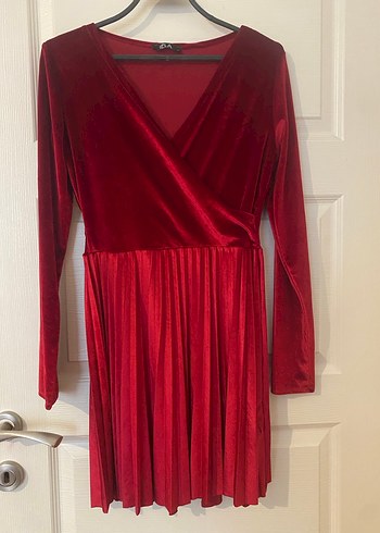 Kırmızı Piliseli Midi Kadın Elbise kadife - Görsel 2