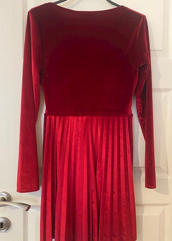 Kırmızı Piliseli Midi Kadın Elbise kadife - Görsel 6