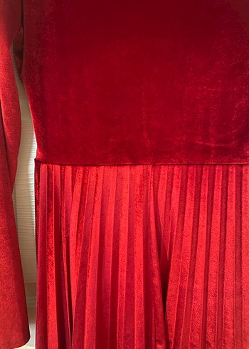 Kırmızı Piliseli Midi Kadın Elbise kadife - Görsel 8