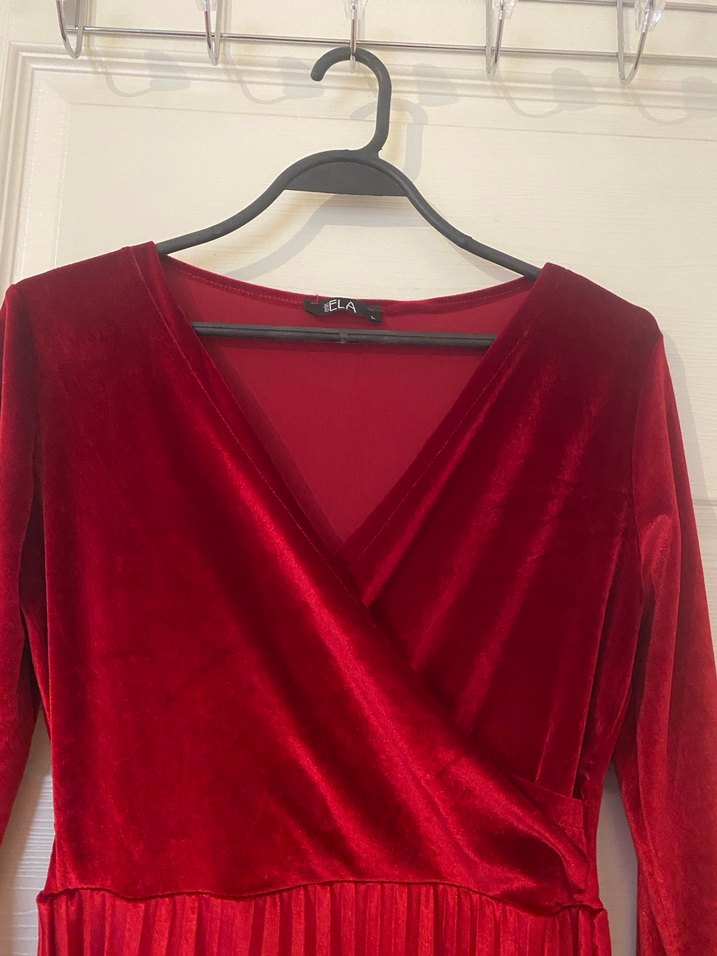 Kırmızı Piliseli Midi Kadın Elbise kadife - Görsel 4