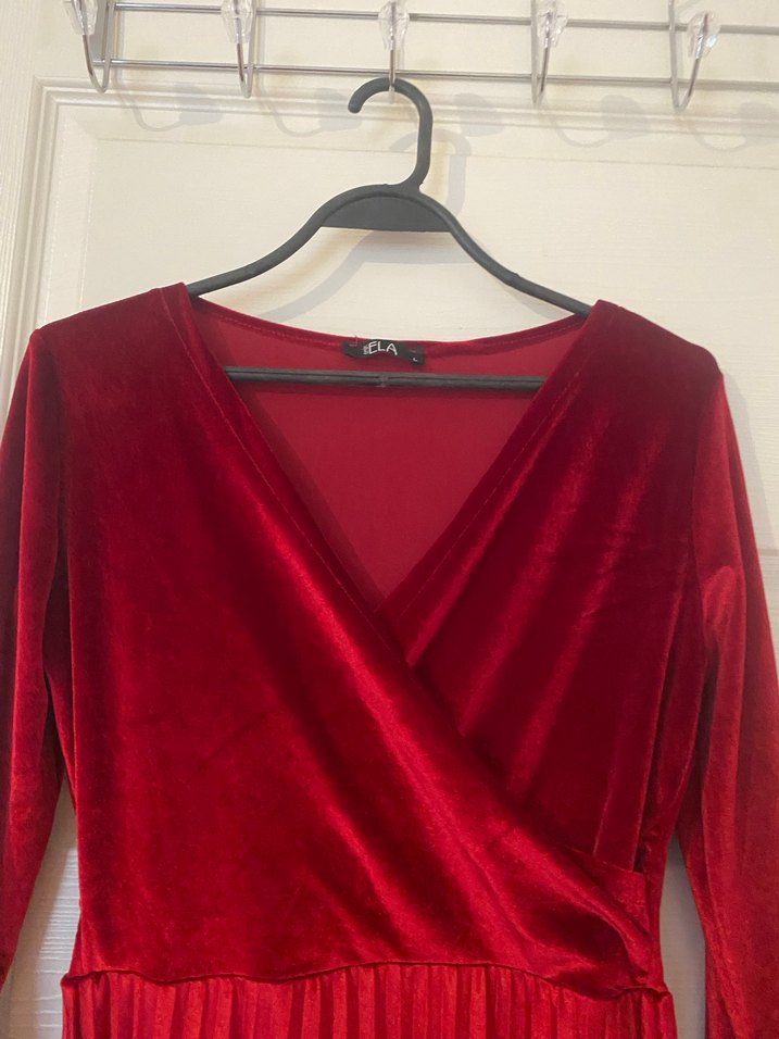 Kırmızı Piliseli Midi Kadın Elbise kadife - Görsel 3