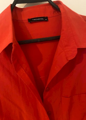 Düğmeli Kırmızı Kadın Keten Gömlek - Görsel 5