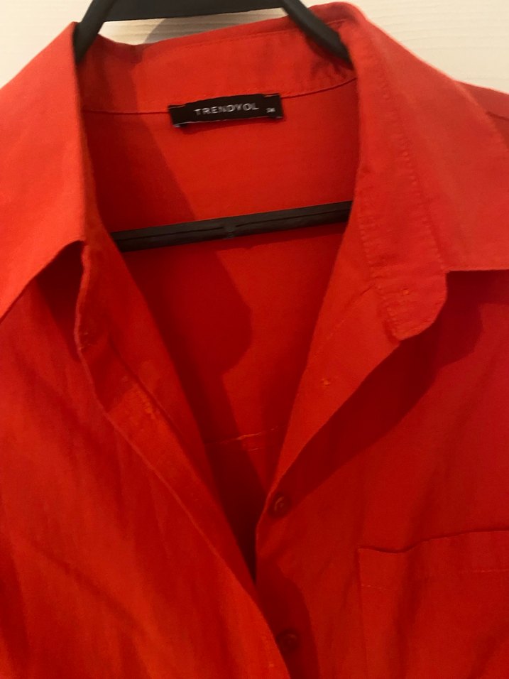 Düğmeli Kırmızı Kadın Keten Gömlek - Görsel 5