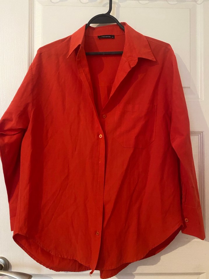 Düğmeli Kırmızı Kadın Keten Gömlek - Görsel 2