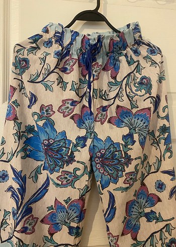 Bohem Çok Renkli Çiçek Desenli Rahat Keten Pantolon - Görsel 4