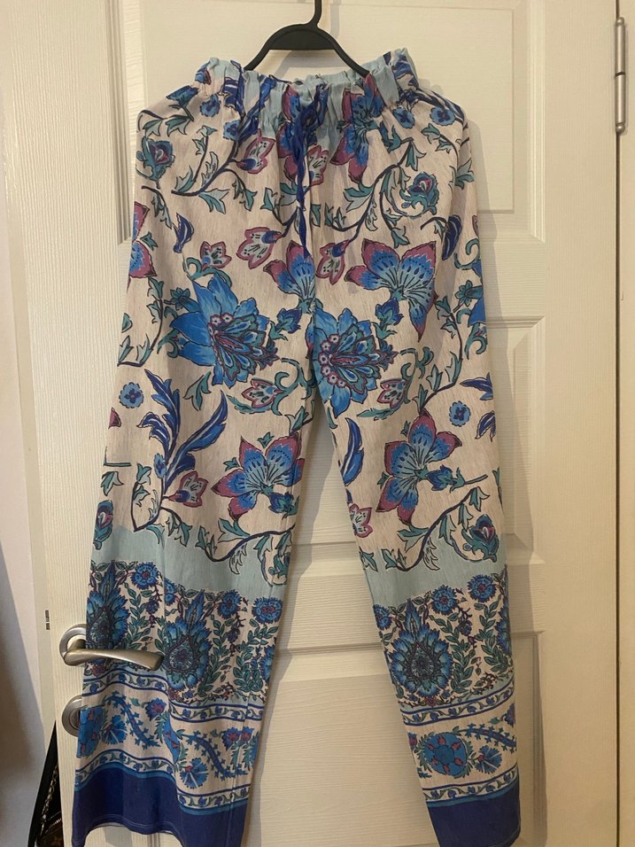 Bohem Çok Renkli Çiçek Desenli Rahat Keten Pantolon - Görsel 2