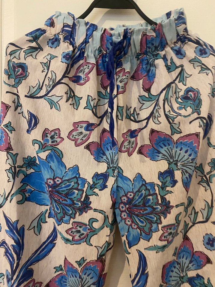 Bohem Çok Renkli Çiçek Desenli Rahat Keten Pantolon - Görsel 3