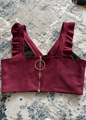 Bordo Süet Fırfırlı V Yaka Mini Büstiyer Kadife - Görsel 2