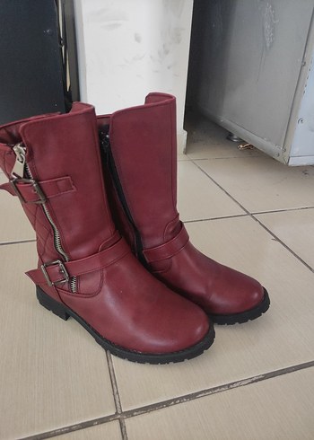 Bordo Deri Tokalı Biker Çocuk Bot