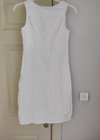 Fermuarlı Beyaz Keten Midi Elbise - Görsel 2