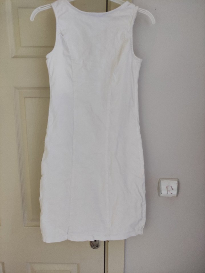 Fermuarlı Beyaz Keten Midi Elbise - Görsel 2