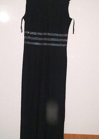 Boncuk Detaylı Siyah Uzun Abiye Elbise - Görsel 2