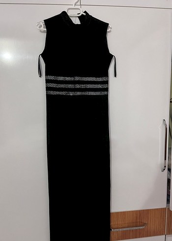 Boncuk Detaylı Siyah Uzun Abiye Elbise - Görsel 6