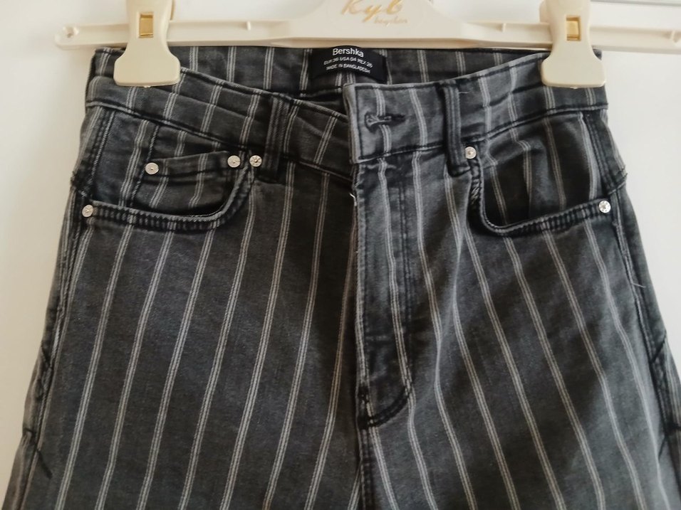 Bershka Gri Çizgili Kadın Denim Pantolon - Görsel 5