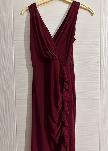 Bordo Drapeli Uzun V Yaka Abiye Elbise - Görsel 2