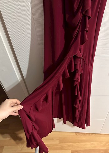 Bordo Drapeli Uzun V Yaka Abiye Elbise - Görsel 3