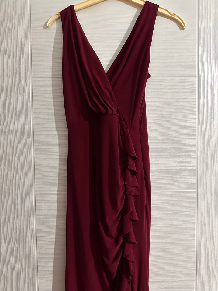Bordo Drapeli Uzun V Yaka Abiye Elbise - Görsel 2