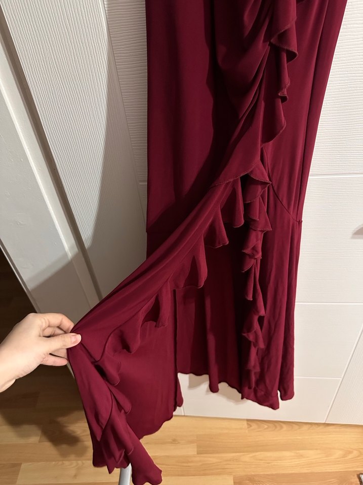 Bordo Drapeli Uzun V Yaka Abiye Elbise - Görsel 3