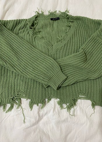 Yeşil V Yaka Örgü Salaş Kazak - Görsel 2